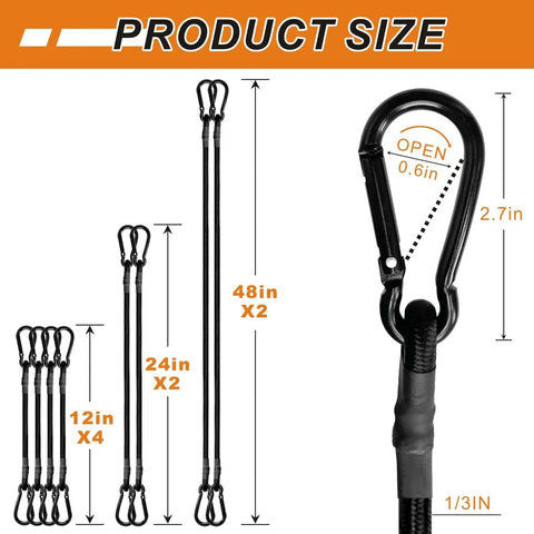 Odor Free Heavy Duty Bungee Cords With Carabiner Hooks Set Of 8 In 12 Inch 24 Inch And 48 Inch Lengths product size chart.