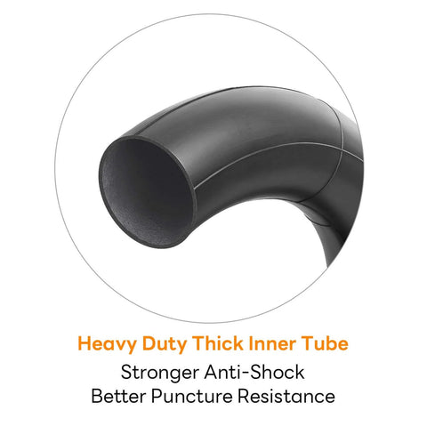 Close-up of Heavy Duty 10x2.50 Thicker 40% Butyl Inner Tube CR202 90° Bent Valve Stem for electric scooter tire with smoother finish.