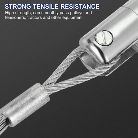 Close-up of Heavy Duty 8 Ton Cable Pulling Swivel With Alloy Ball Bearing, nickel plated, showing wire connection and screw detail.