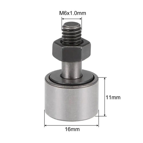 Heavy Duty Cam Follower With Needle Rollers KR16 16mm Dia 11mm Width M6 Stud 2 Pack Sealed, shown with measurements and steel finish