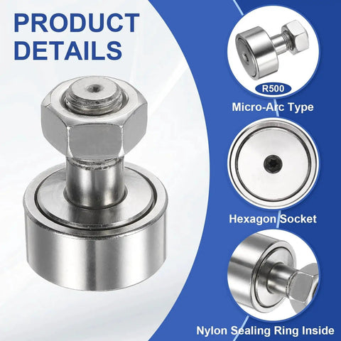 Heavy Duty Cam Follower Track Runner Bearing Set 2 Pack CF12 KR30 X 304 Stainless Steel, close-up showing hex socket and roller.