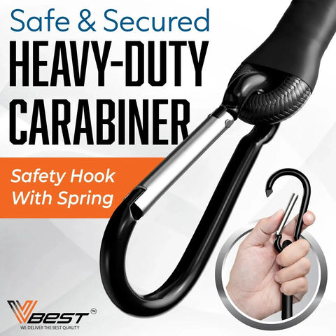Close-up of heavy duty carabiner bungee cords with hooks featuring durable scratch resistant carabiner for outdoor use.