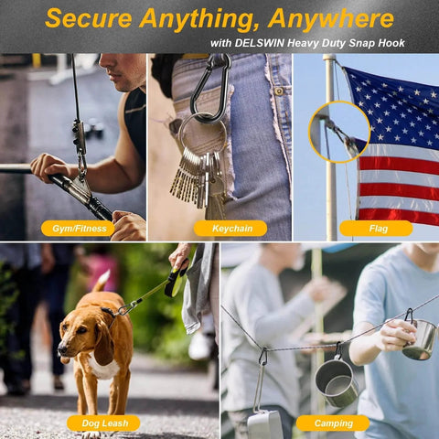 12 Pack M4 1.57 Inch Carabiner Clip Spring Snap Hook in use for gym, keychain, flag, dog leash, and camping applications