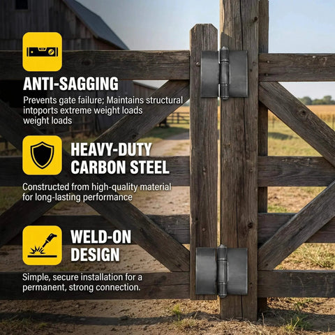 8 Pack Heavy Duty Weldable Hinges 5 mm Thick Solid Steel Butt Weld On Hinges Extra Heavy Hinge installed on wooden gate outdoors