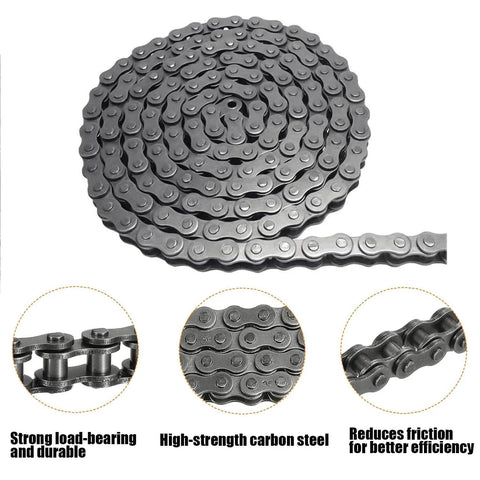 High-strength carbon steel chain with links rolled up, showing load-bearing details and descriptions for durability and efficiency.
