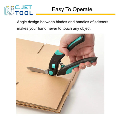 Heavy Duty 10 Inch Carpet Cutter And Multipurpose Cutting Tool slicing cardboard, showcasing ergonomic turquoise handle design.