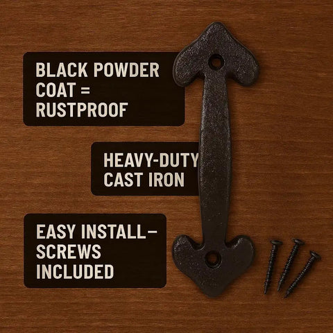 7 Inch Heavy Duty Cast Iron Barn Door Handle Medieval Rustic Gate Pull with screws, black powder coat, and rustproof finish