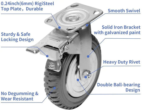 6 Inch Heavy Duty Plate Casters Set Of 4 With 360 Degree Swivel And Ball Bearing For Quiet Operation, side view of PU wheel and iron bracket with brake lock.
