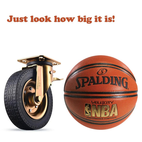 8 Inch Heavy Duty Casters Set Of 4 With 2 Locking Swivel And 2 Non Locking Swivel 3200 Lbs Capacity next to basketball for size comparison