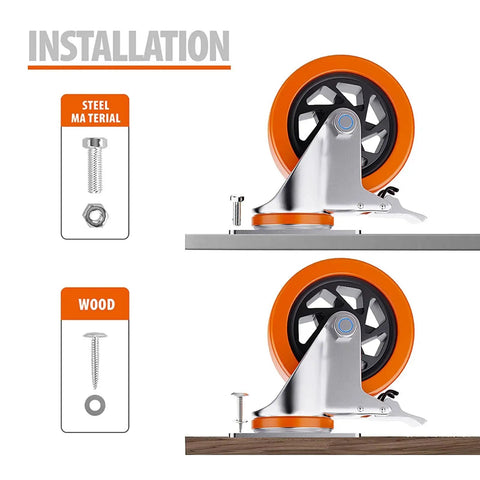 Installation guide showing two 4 Inch Heavy Duty Caster Wheels for tool boxes and furniture, with steel and wood mounting options.
