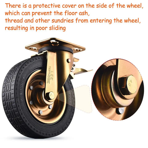 8 Inch Heavy Duty Casters Set Of 4 With 2 Locking Swivel And 2 Non Locking Swivel 3200 Lbs Capacity Large Solid Rubber Wheels close-up view