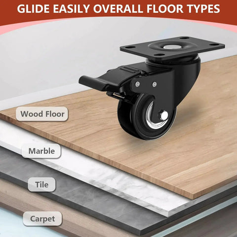 Two Inch Heavy Duty Caster Wheel with Brake on Wooden Surface, Swivel Top Plate, Shows Compatibility with Floors like Marble, Tile, Carpet