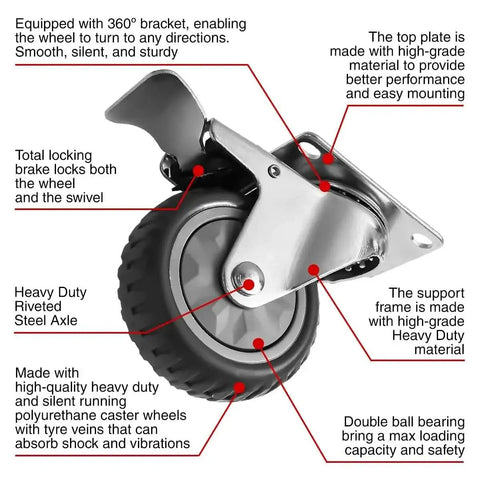 4 Pack Heavy Duty All Terrain Caster Wheels 360 Degree Swivel With Dual Locking Brake, 4 Inch Grey PU Tyre, Side View