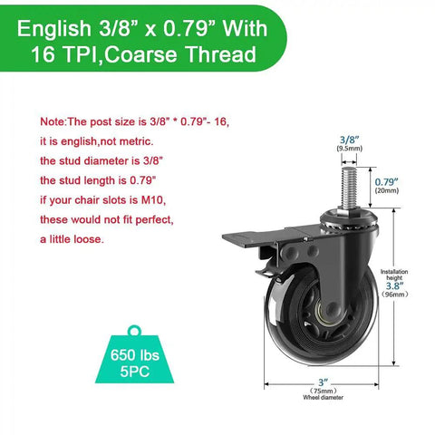 Five Pack 3 Inch Caster Wheels With Safety Dual Locking Brakes Heavy Duty Rubber Castors On 360 Degree Swivel Threaded Stem Mount Three Eighths Inch 16 UNC Suitable For Hardwood Carpet And Tile Floor Protection, detailed specifications diagram with measurements.