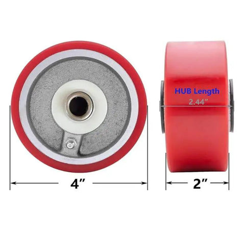 Industrial Heavy Duty Caster Wheels Available In 4 5 6 And 8 Inch Diameters By 2 Inch Width With Polyurethane Construction And 800 To 1500 Lb Capacity Per Wheel Ideal Replacements For Platform Carts Tool Boxes Furniture Pallet Jacks Inventory Carts And, showing 4-inch diameter front and side view of polyurethane wheel with hub length measurement.