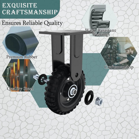Fixed heavy duty caster wheel, 6 inch*2, 800lb capacity, black rim, solid rubber, cast iron, outdoor, flat free, craftsmanship details
