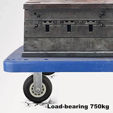 5 Inch Heavy Duty Swivel Plate Caster Wheels under a metal load, rubber tire tread industrial castors, 750kg max capacity, blue platform cart