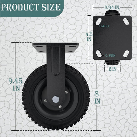 Product size diagram of fixed heavy duty caster wheel, 8 inch*2, 1000lb capacity, black rim, solid rubber, cast iron, outdoor