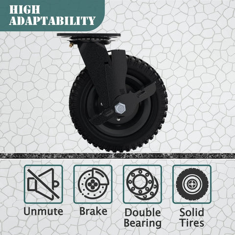 ✝️ Swivel heavy duty caster wheel, 8 inch*2, 1000lb capacity, black rim, solid rubber, cast iron, brake casters shown with features