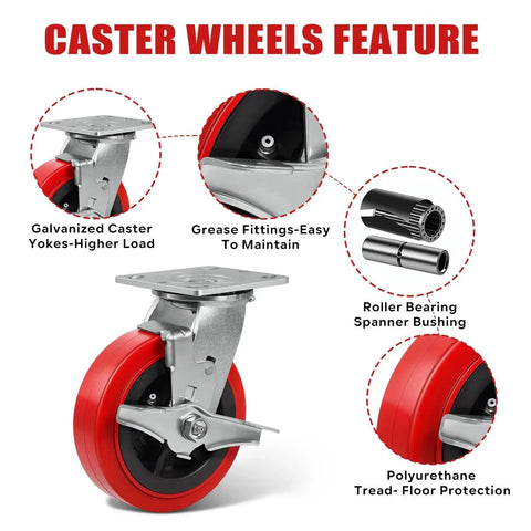 Industrial caster wheels features with galvanized yokes, grease fittings, roller bearings, and polyurethane tread for heavy duty use.