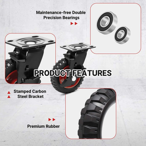 Features of 6 Inch Outdoor Heavy Duty Caster Wheels Set of 4 with Brakes, showing steel bracket, rubber, and precision bearings