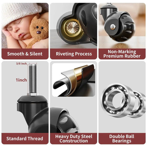 2 Inch Ball Caster Wheels With Threaded Stem Stem Diameter Three Eighths Inch And Stem Length One Inch Heavy Duty 1200 Lbs Swivel Castors Set Of Four Replacement Wheels showcasing features like non-marking rubber and double ball bearings.