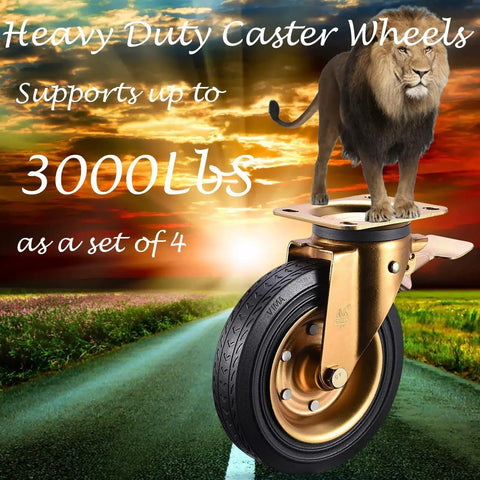 Lion standing on 8 Inch Heavy Duty Plate Caster Wheel, highlighting 3000 lbs load capacity, set of 4 with locking swivel features.