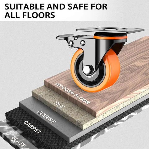 3 inch heavy duty caster wheels set of 4 with locking brakes on various floor types, showing versatility for different surfaces.