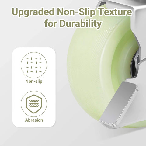 Close-up of green heavy duty caster wheel with upgraded non-slip texture, featuring "Heavy Duty Caster Wheels 4 Inch - 2500 LBS, PP Plate Castor Set of 4 with Double Ball Bearings, Non-Marking Industrial Swivel Casters for Hand Trucks, Carts, Industrial (2 Brake 2 Rigid) designed for smooth motion and stable alignment in" text.