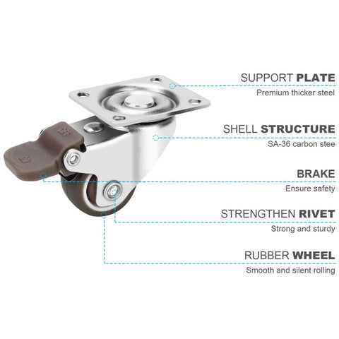 1 Inch Heavy Duty Caster Wheels Set of 4 with Brake, detailing support plate, shell structure, brake, rivet, and rubber wheel.