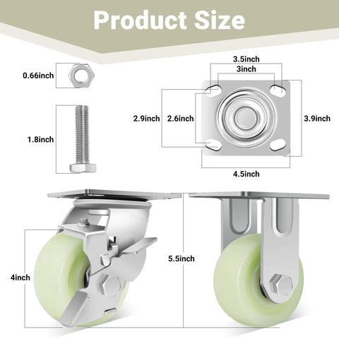 Dimensions of ✝️ Heavy Duty Caster Wheels 4 Inch - 2500 LBS, PP Plate Castor Set of 4 with Double Ball Bearings, shown with nuts and bolts