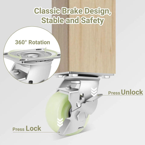 Heavy Duty Caster Wheels 4 Inch - 2500 LBS, PP Plate Castor Set of 4 with Double Ball Bearings, non-marking swivel caster with brake