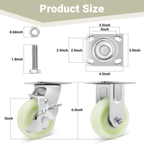 Product dimensions for 5 Inch Heavy Duty Caster Wheels, 3500 LBS, PP Plate Castor Set with Double Ball Bearings, Non-Marking
