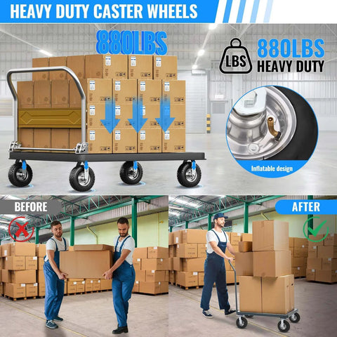 8 inch pneumatic caster wheels set of 4 with heavy duty rubber knobby tread, including 2 swivel casters and 2 rigid casters on a cart.