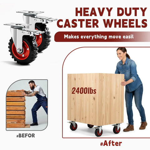 Woman pushing 2400 lbs wooden cart with Heavy Duty Caster Wheels, non marking rubber tires, ideal for workbench and equipment mobility