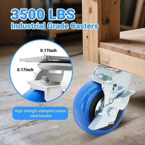 Close-up of 5 inch heavy duty caster wheel with polyurethane wheel and thick bracket, rated 3500 lb, installed on wooden cart.
