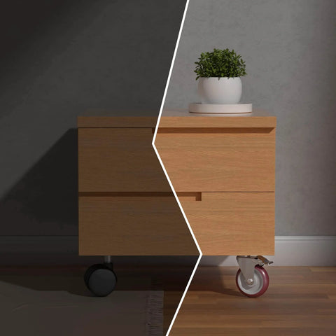 5 inch heavy duty casters with brakes set of 4 on a wooden cabinet, showcasing double ball bearing non marking wheels.
