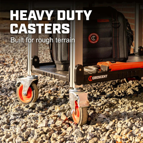 Heavy Duty Folding Jobsite Cart With Three Shelves And 300 Lb Capacity No Assembly Required Pro Grade Tradesman Utility Cart with heavy-duty casters on rough terrain.