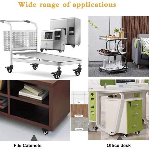 Collage showing various furniture and equipment using 2 Inch Heavy Duty Swivel Stem Casters Set Of 4 With Double Locking Brakes, 600 Lb Capacity, 3/8-16x1 Threaded Stem, Noiseless Industrial Castors For Furniture And Carts, Smooth Glide, Black.