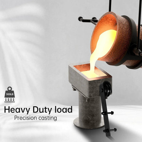 Molten metal poured into mold, labeled 'Heavy Duty load Precision casting', illustrating durability of barn door hardware.
