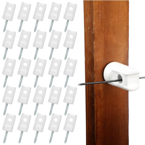 Ceramic white electric fence insulators, 25-pack with lag screws for wooden posts, shown with wire