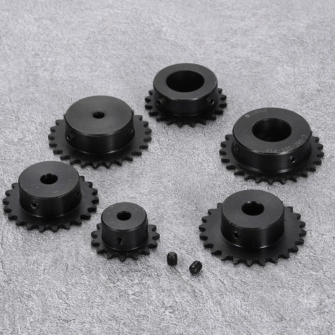 Heavy Duty 27 Tooth Chain Sprocket For ISO 04C Chain, 10mm Bore, shown in various sizes and angles, black oxide finish
