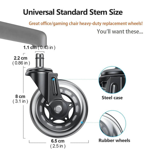 Office Chair Wheels Replacement 3 Inch Heavy Duty Rubber Caster Wheels For Hardwood Floors And Carpet, Quiet And Safe Rolling Chair Wheels Set Of 5, Universal Fit, Easy Installation, Lifetime Warranty close-up showing wheel measurements.