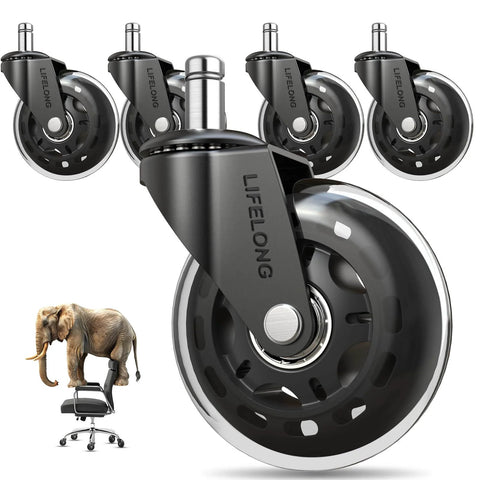 Set of heavy-duty chair caster wheels showcasing durability; includes an elephant on a chair for strength demonstration.