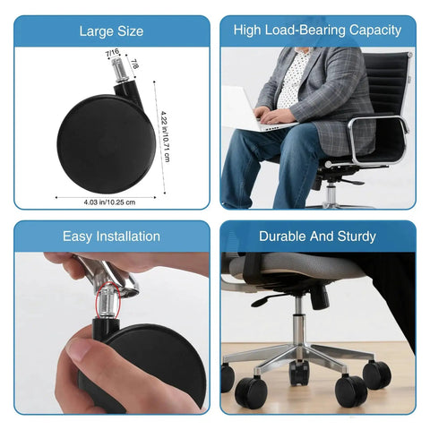 4 Inch Extra Large Chair Wheels 5 Pcs Heavy Duty Twin Office Chair Casters Replacement Seven Sixteenth Inch By Seven Eighth Inch Grip Ring For Furniture Hardwood Floors Desks Provides Stable Glide On Wood Carpet Rugs illustration