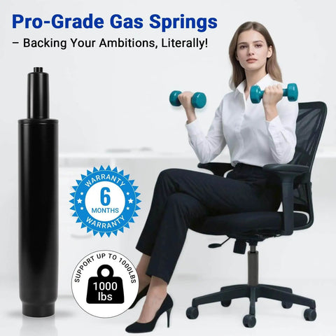 Heavy Duty Office Chair Cylinder Replacement 11 to 16.5 Inch Travel Length With 5.5 Inch Stroke 1000 Lbs next to a woman on a chair