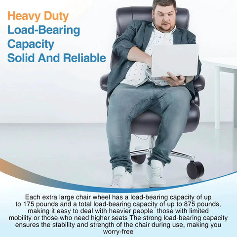 Man sitting on office chair with 4 Inch Extra Large Chair Wheels 5 Pcs Heavy Duty Twin Office Chair Casters Replacement
