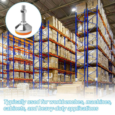 Heavy Duty Adjustable Chrome Plated Furniture Leveling Feet Set Of 4 With M12 Thread And 2.28 Inch Base Diameter Anti Skid Rubber Feet Swivel Levelers in a warehouse setting