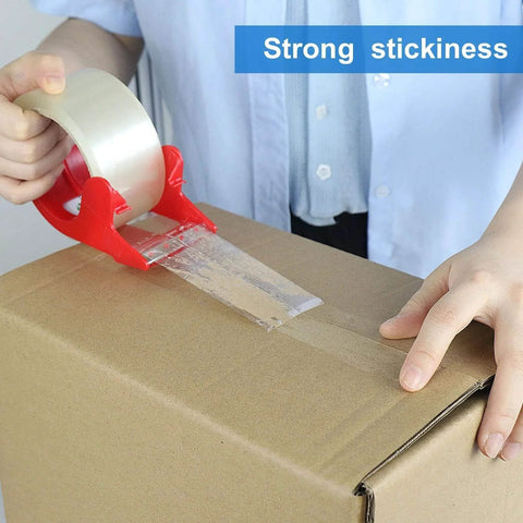 Person using Heavy Duty Clear Packing Tape 2 Rolls With Refillable Dispenser Noiseless 1.88 In X 55 Yards Shipping Tape on box.