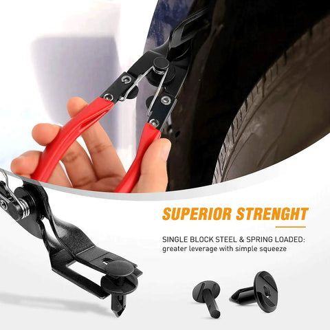 Heavy Duty Pro Grade Car Upholstery Clip Pliers Set And Fastener Remover Kit with red handles used on car body